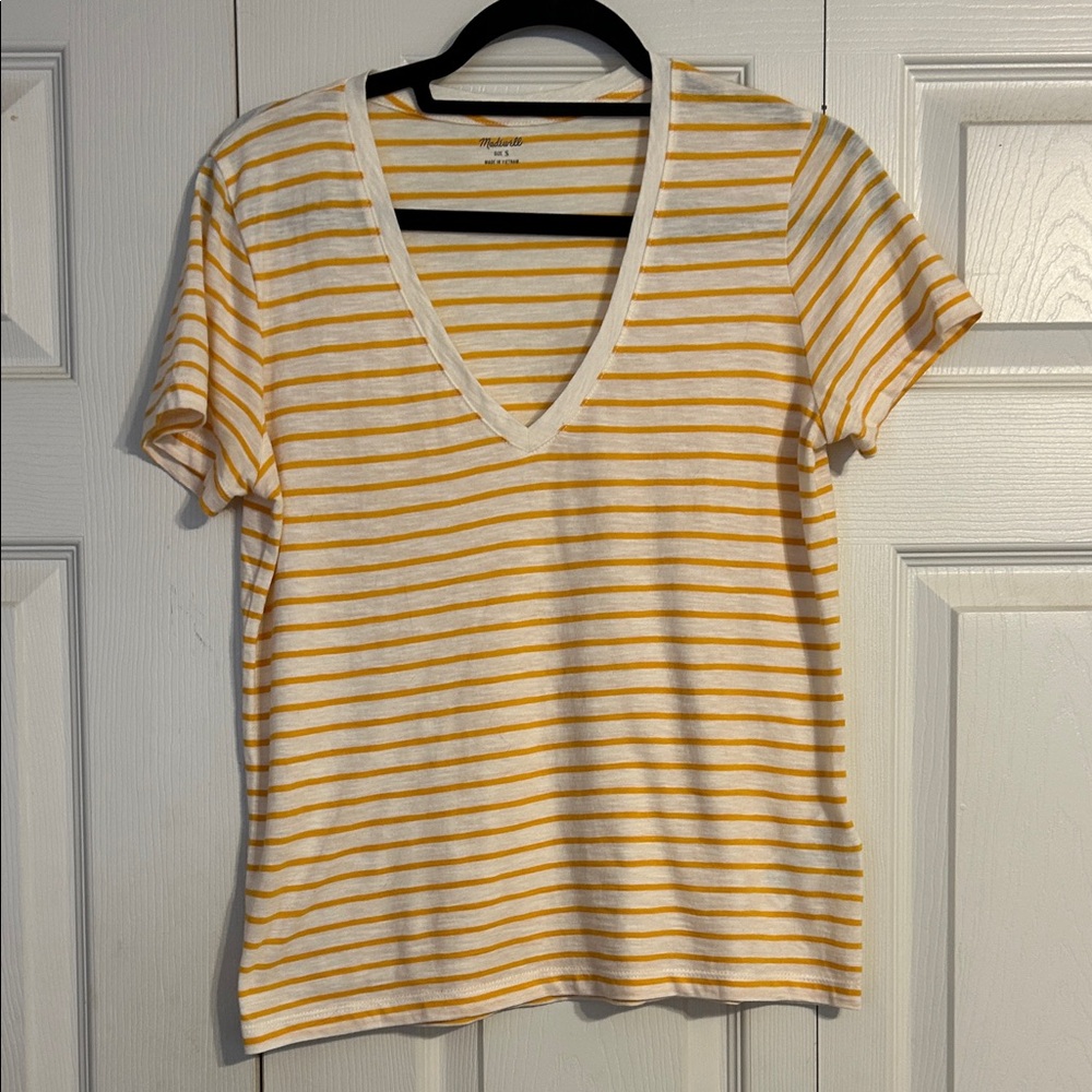 MADEWELL Small Mustard White Striped V-Neck T-Shirt 100% Cotton Comfy